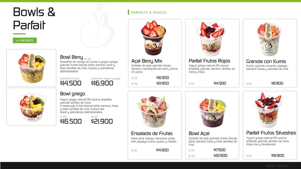Berry Bowls: Sistema de menú